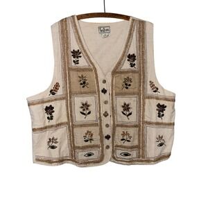 TanTrums Vintage Floral Embroidered Patchwork Vest Cotton Linen Blend 2X Grandma